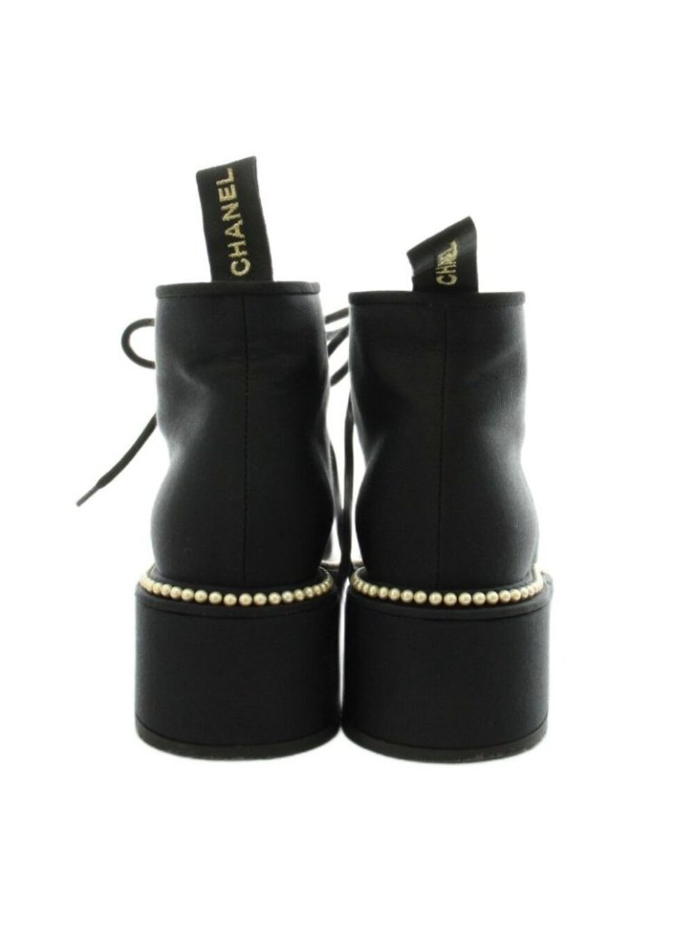 Chanel CC Logo Short Boots Lace Up Pearl 37 Black - Picture 3 of 9